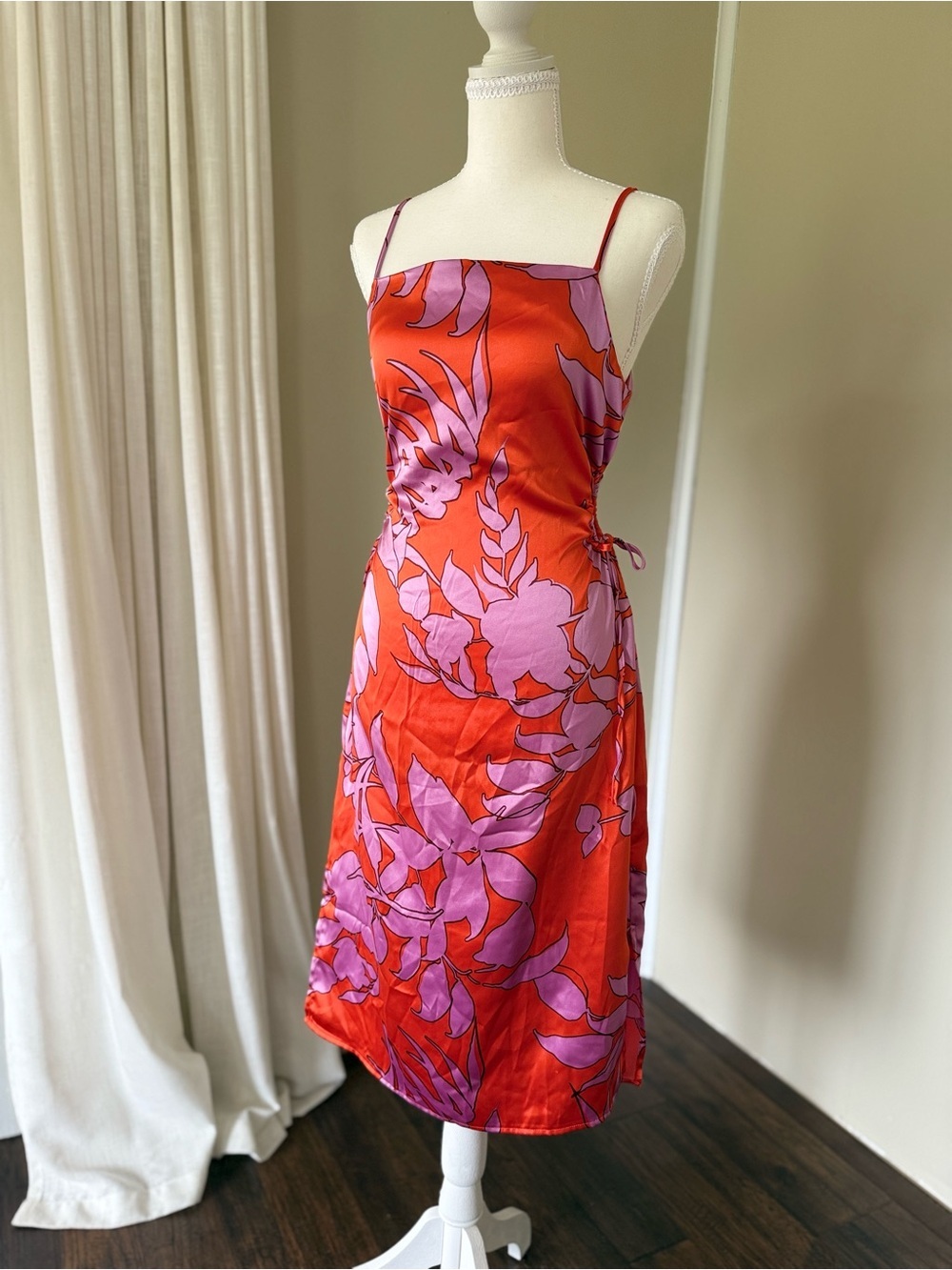 Christian Lacroix Red Lilac Floral Slip Midi Dress Cut Out Detail Tie Waist M - Picture 2 of 8